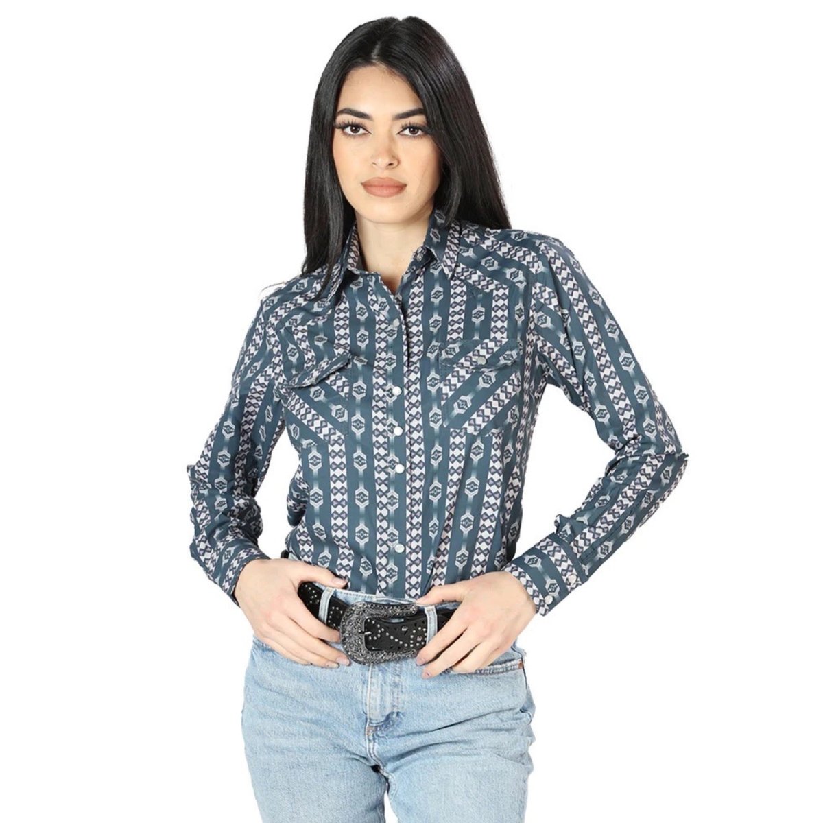Women's Long Sleeve Western Shirt - Western Light Black Stripes (S-3XL) - CharroAzteca.com