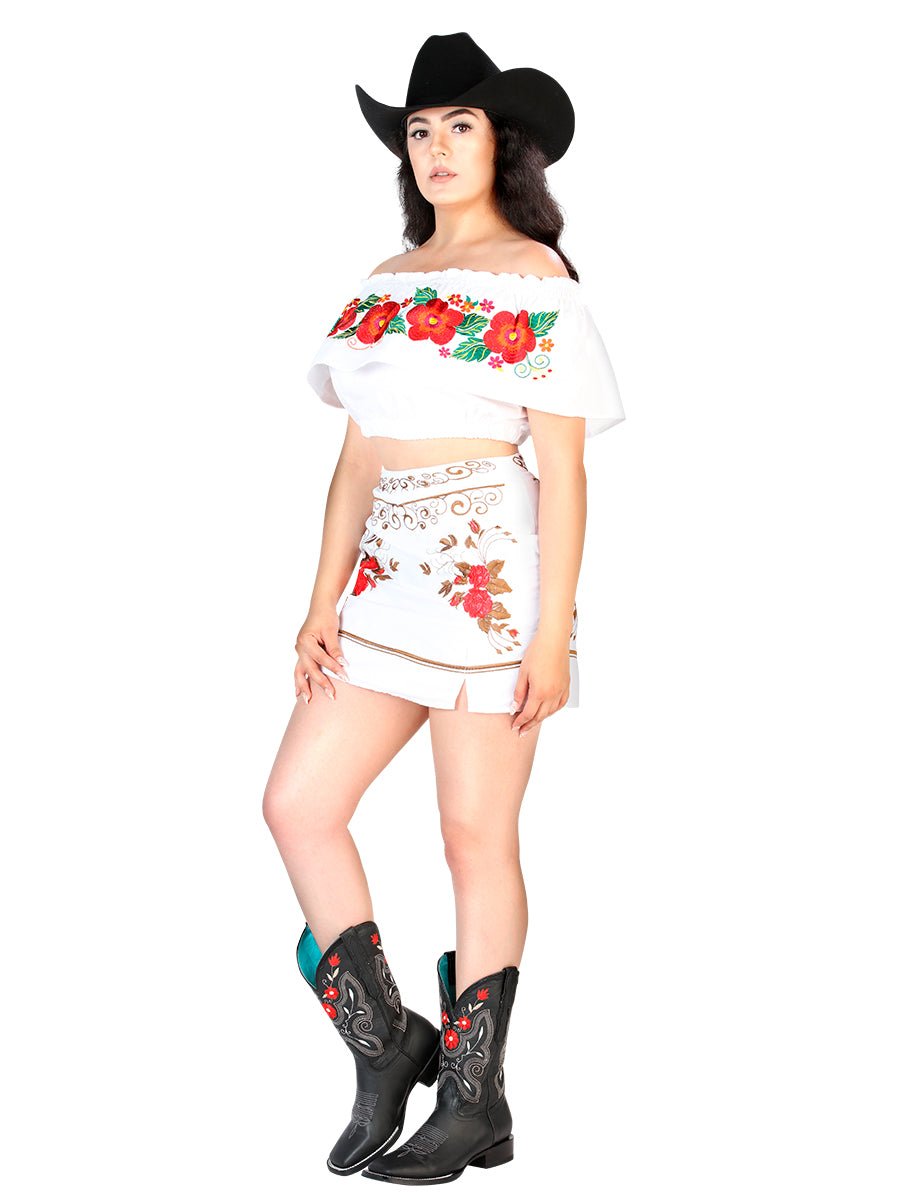 Falda Vaquera - Womens Embroidered Skirt - White - CharroAzteca.com