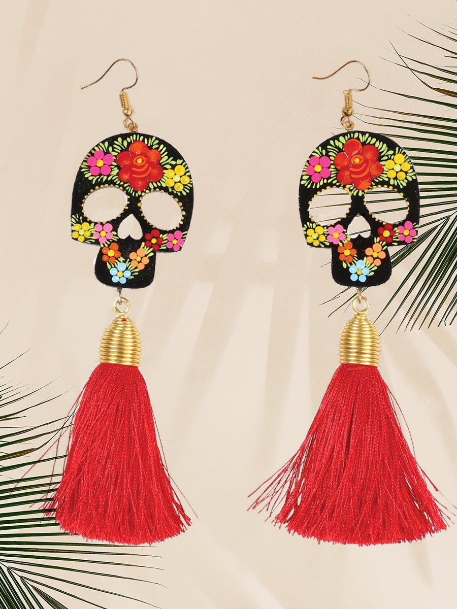 Hand Painted Mexican Earrings - Calaca - CharroAzteca.com