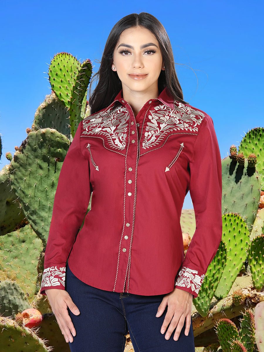 Women's Long Sleeve Western Shirt El Señor de los Cielos Wine/Khaki - CharroAzteca.com