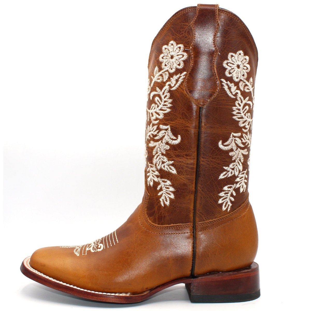 Women's Wide Square Toe Western Boot - White Flowers - CharroAzteca.com