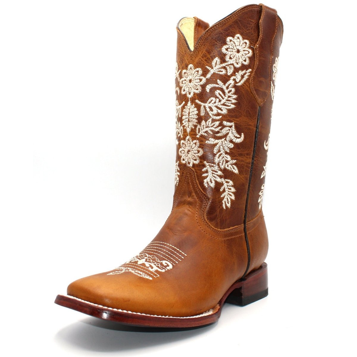 Women's Wide Square Toe Western Boot - White Flowers - CharroAzteca.com
